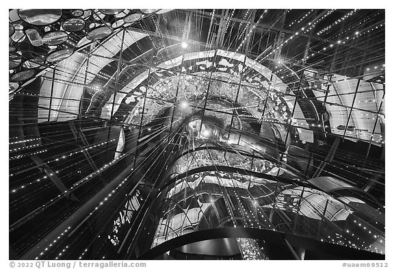 Looking up inside Mobility Pavilion. Expo 2020, Dubai, United Arab Emirates (black and white)
