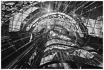 Looking up inside Mobility Pavilion. Expo 2020, Dubai, United Arab Emirates ( black and white)