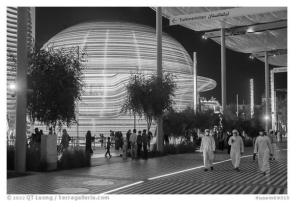 Walkway and Russia Pavilion at night. Expo 2020, Dubai, United Arab Emirates (black and white)