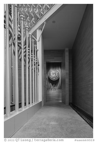 Entrance, USA Pavilion. Expo 2020, Dubai, United Arab Emirates (black and white)