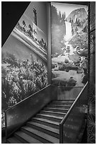 Staircase and photos of national parks, USA Pavilion. Expo 2020, Dubai, United Arab Emirates ( black and white)