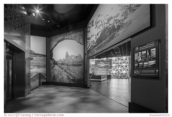 Looking from Exhibit 5 towards exhibit 6, USA Pavilion. Expo 2020, Dubai, United Arab Emirates (black and white)