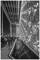 Walls of stars and reflecting pool at night, USA Pavilion. Expo 2020, Dubai, United Arab Emirates ( black and white)