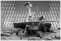 Model of Mars Exploration rover, USA Pavilion. Expo 2020, Dubai, United Arab Emirates ( black and white)