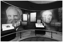 Alexander Graham with first phone and Thomas Jefferson with copy of Koran, USA Pavilion. Expo 2020, Dubai, United Arab Emirates ( black and white)