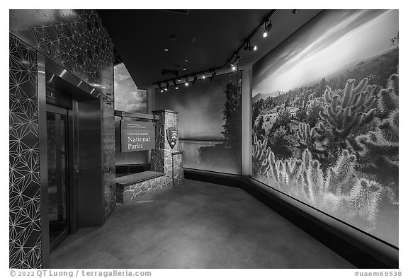 National Park Service sign and photos of national parks, USA Pavilion. Expo 2020, Dubai, United Arab Emirates (black and white)