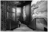 Visitor walking up stairs looking at mural prints, USA Pavilion. Expo 2020, Dubai, United Arab Emirates ( black and white)