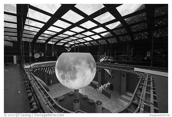 Behind the scenes view of ceiling media show from attic, USA Pavilion. Expo 2020, Dubai, United Arab Emirates (black and white)