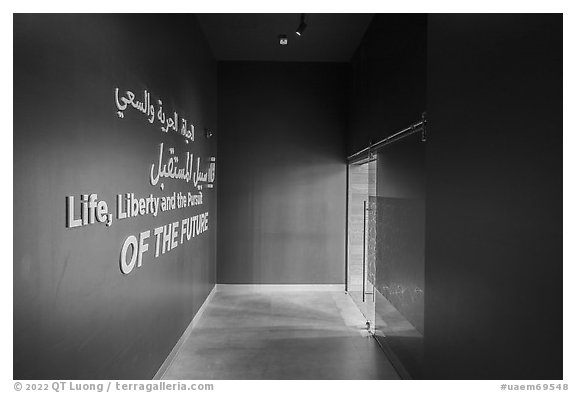 Entrance interior with pavilion motto, USA Pavilion. Expo 2020, Dubai, United Arab Emirates (black and white)