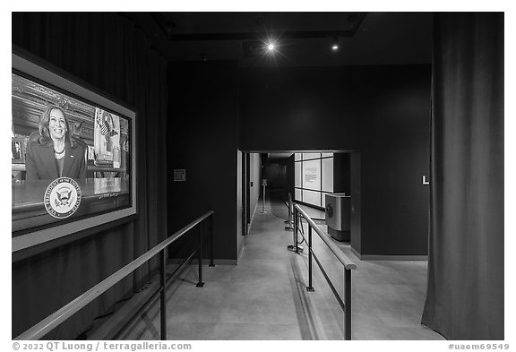 Entrance with video from Vice President Harris, USA Pavilion. Expo 2020, Dubai, United Arab Emirates (black and white)