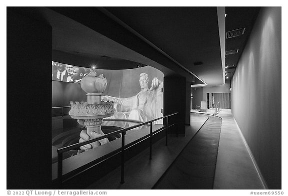 Looking back at entrance from Exhibit 1, USA Pavilion. Expo 2020, Dubai, United Arab Emirates (black and white)