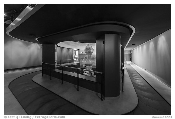 Moving walkway circling around Statue of Liberty torch, USA Pavilion. Expo 2020, Dubai, United Arab Emirates (black and white)
