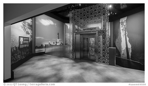 Nature photographs with message from President Biden about climate change, USA Pavilion. Expo 2020, Dubai, United Arab Emirates (black and white)