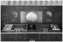 NASA display with rocks from the moon and Mars, USA Pavilion. Expo 2020, Dubai, United Arab Emirates ( black and white)