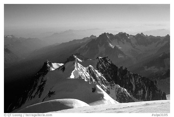 Mount Maudit, Mont-Blanc du Tacul and Aiguille du Midi seen from summit of Mont-Blanc, France.