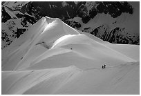 Alpinists on the Aiguille du Midi ridge. Alps, France (black and white)