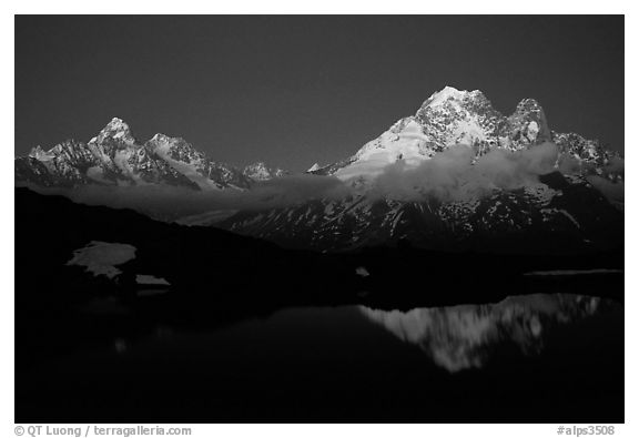 Aiguille du Tour and Aiguille Verte, seen from the Aiguilles Rouges at dusk, Alps, France.