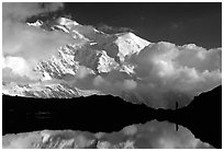 Hiker in the Aiguilles Rouges and Mont-Blanc range, Alps, France. (black and white)