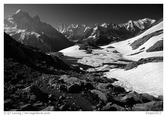 Mountain hut at Lac Blanc and Mont-Blanc range, Alps, France.