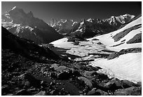 Mountain hut at Lac Blanc and Mont-Blanc range, Alps, France. (black and white)