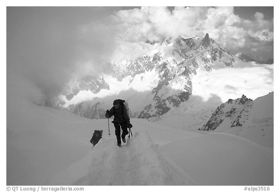 Alpinists climb  Aiguille du Midi, France.