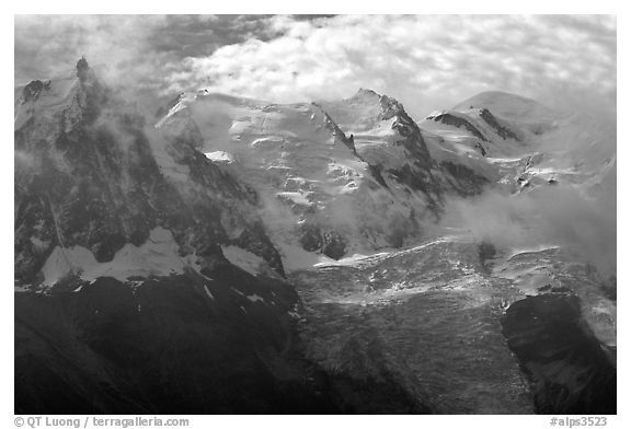 Aiguille du Midi, Tacul, Mt Maudit, and Mt Blanc, Alps, France.