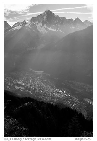 Mont Blanc range and Chamonix Valley, Alps, France.