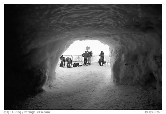 Ice tunnel leading to the ridge exiting Aiguille du Midi. Alps, France