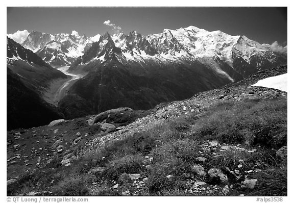 Mont Blanc range seen from the Aiguilles routes, Alps, France.