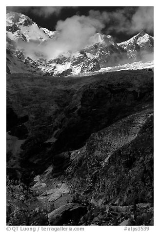 Looking up the Brenva Glacier,  Mont-Blanc range, Alps, Italy.