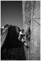 Valerio Folco getting ready to lead a pitch. El Capitan, Yosemite, California (black and white)