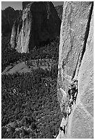 Valerio Folco leading the third pitch. El Capitan, Yosemite, California (black and white)