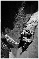 Valerio Folco leading the third pitch. El Capitan, Yosemite, California (black and white)