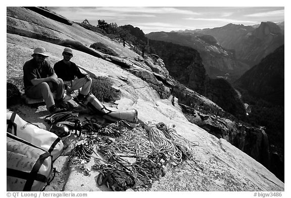 Valerio Folco and Tom McMillan with gear at the top of the wall. El Capitan, Yosemite, California