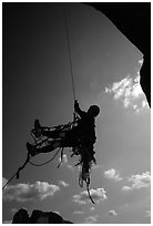 Going up the fixed rope, first pitch. El Capitan, Yosemite, California (black and white)