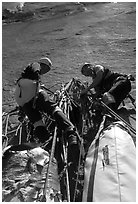 Crowded belay. El Capitan, Yosemite, California (black and white)