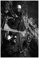 Crowded portaledge camp. El Capitan, Yosemite, California (black and white)