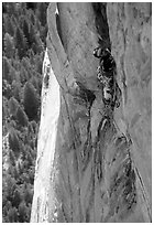 Valerio Folco leads the long and complex crux pitch, taking more than half a day. El Capitan, Yosemite, California (black and white)