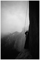 During a stormy day on an attempt  on  Mescalito, El Capitan. Yosemite, California (black and white)