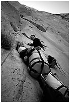 Valerio Folco belaying Tom McMillan. El Capitan, Yosemite, California (black and white)