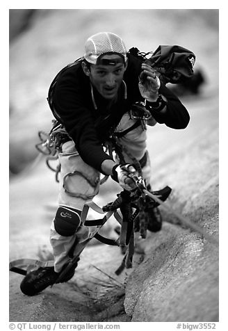 Valerio Folco ascending the rope. El Capitan, Yosemite, California