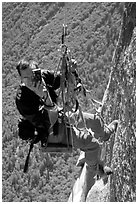 Climbing photographer at work. Yosemite, California (black and white)