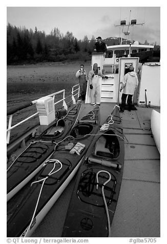 Kayaks loaded on the deck of Glacier Bay Lodge concession boat. Glacier Bay National Park, Alaska