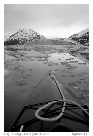 Kayaks prow, floating icebergs, and glacier. Glacier Bay National Park, Alaska