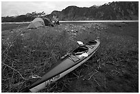 Camp on the flats near McBride Glacier with kayak parked nearby. Glacier Bay National Park, Alaska (black and white)