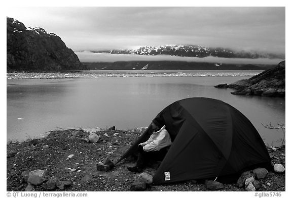 Camp on an outcrop overlooking the East Arm. Glacier Bay National Park, Alaska