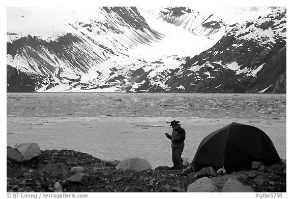 Camper, tent, and East Arm. Glacier Bay National Park, Alaska