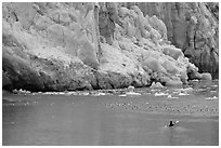 Kayaker at the base  of Lamplugh Glacier. Glacier Bay National Park, Alaska (black and white)