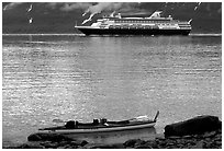 Kayak and cruise ship, East arm. Glacier Bay National Park, Alaska (black and white)