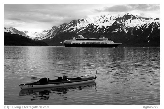 Kayak and cruise ship, East arm. Glacier Bay National Park, Alaska